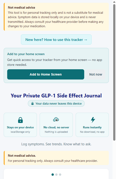 GLP-1 Side Effect Journal onboarding step 1 of 3 - select your medication type from a list of GLP-1 options