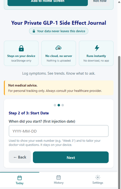 Onboarding step 2 of 3 - enter your GLP-1 treatment start date to track your week number