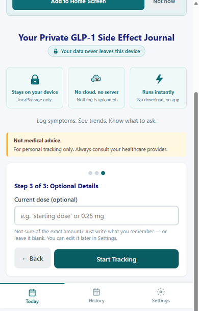 Onboarding step 3 of 3 - optionally enter your current dose before starting to track