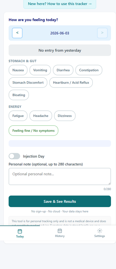 Today tab showing symptom chip buttons grouped by category, injection day toggle, personal note field, and Save and See Results button