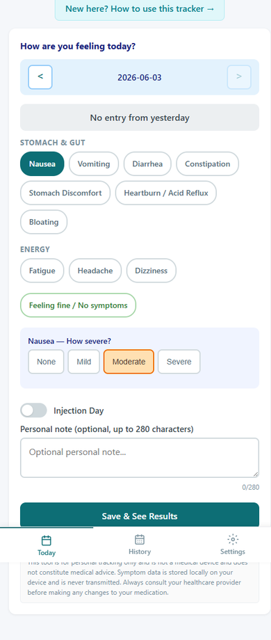 Symptom severity selector appearing after tapping a symptom chip, with options None, Mild, Moderate, and Severe