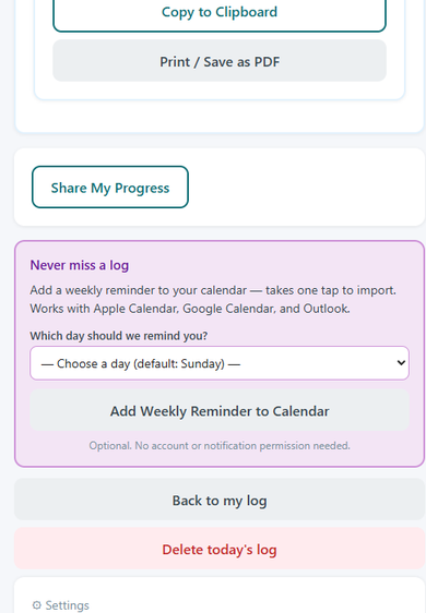 Results page showing Copy to Clipboard and Print options for the doctor summary, Share My Progress button, and weekly calendar reminder setup