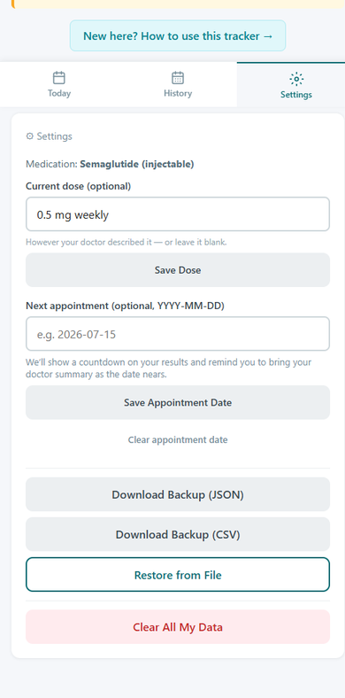 Settings page showing medication name, current dose input, next appointment date field, and data backup options including JSON and CSV download